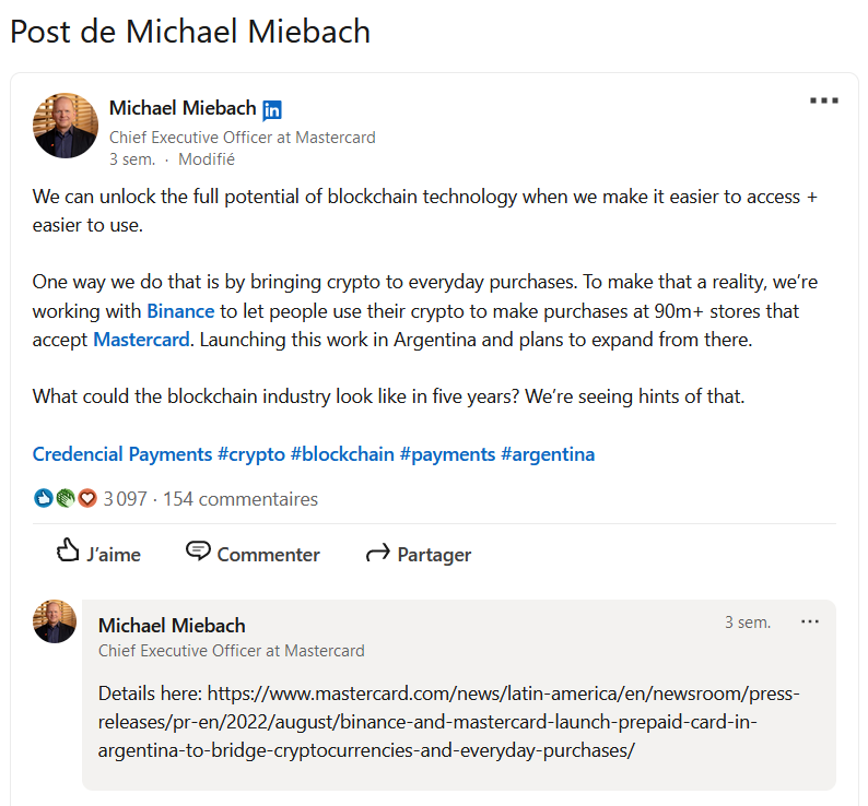 Screenshot du post linkedin de Michael Miebach concernant le partenariat entre Binance et Mastercard